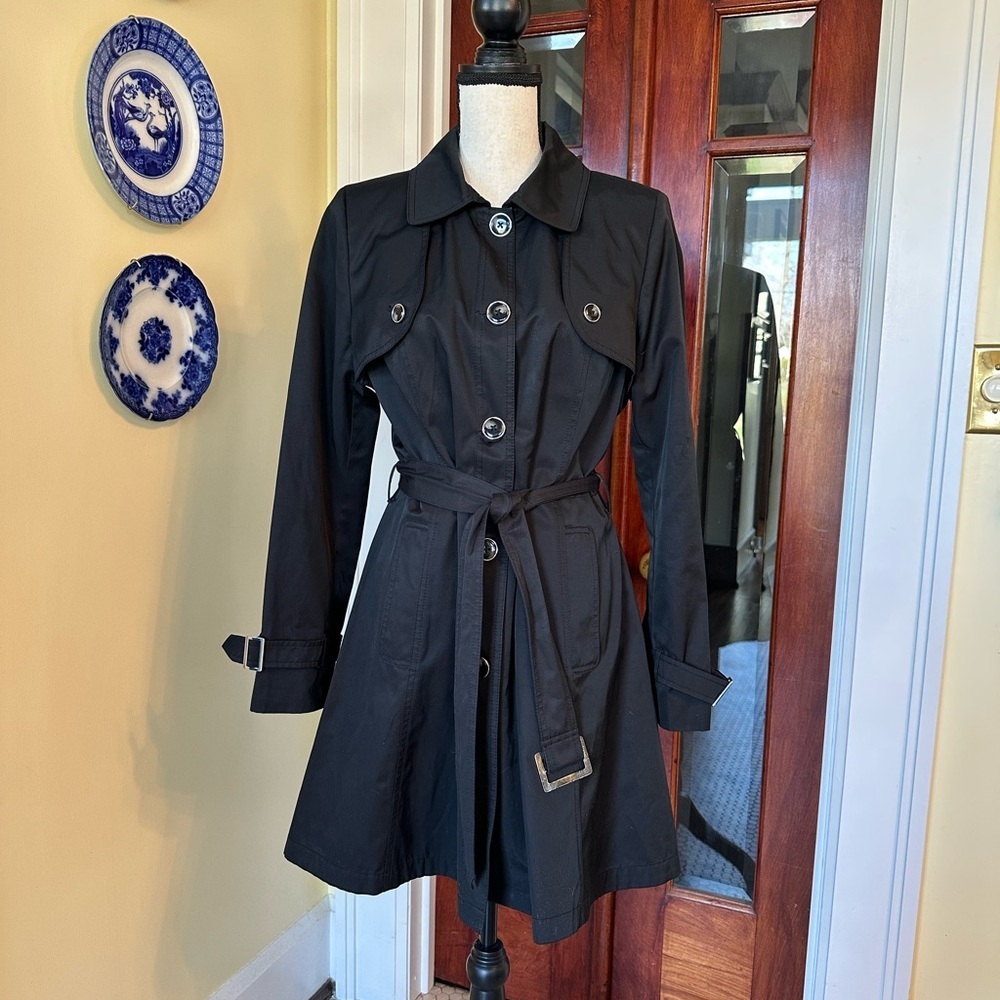 Black Rivet | Single Breasted Belted Trench Coat - Classic Black, Size L